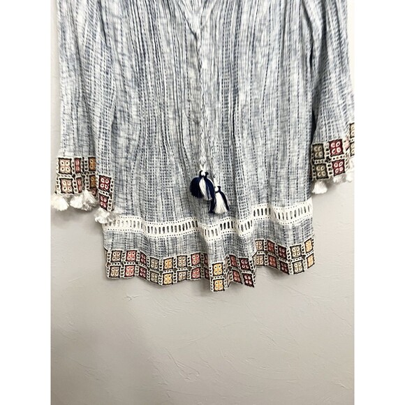 John Mark Top Shirt Small Blue Boho Embroidered Crochet Pullover Tunic Tassel - Picture 2 of 9